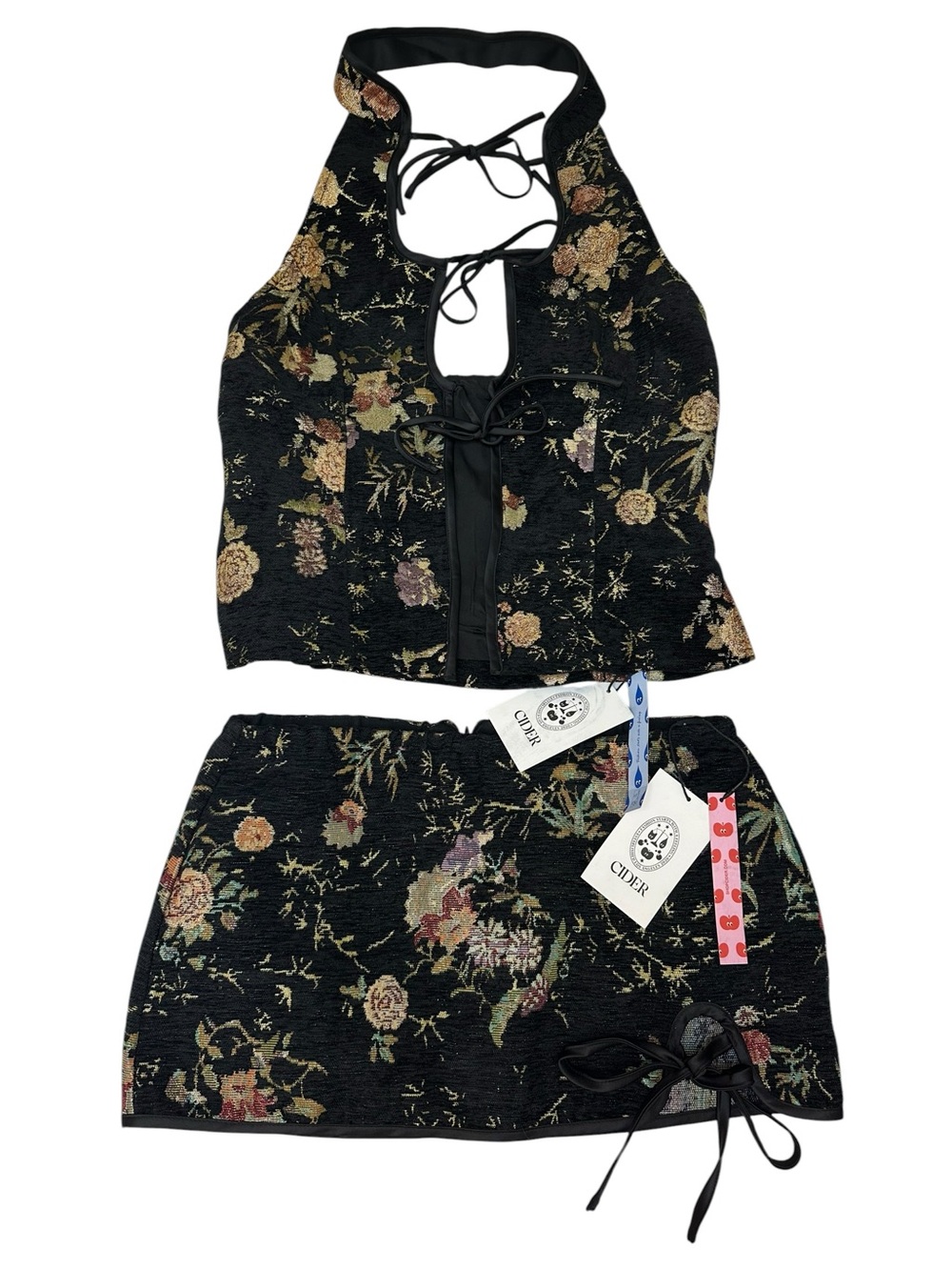NWT Cider Set: size M Black Floral Halter Crop Top w/ Size S skirt/short
